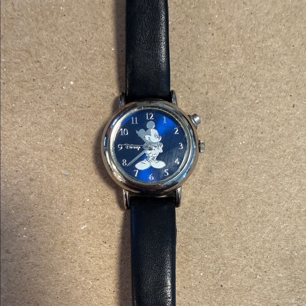 Disney Branded Stainless Steel Watch with Black Leather Strap